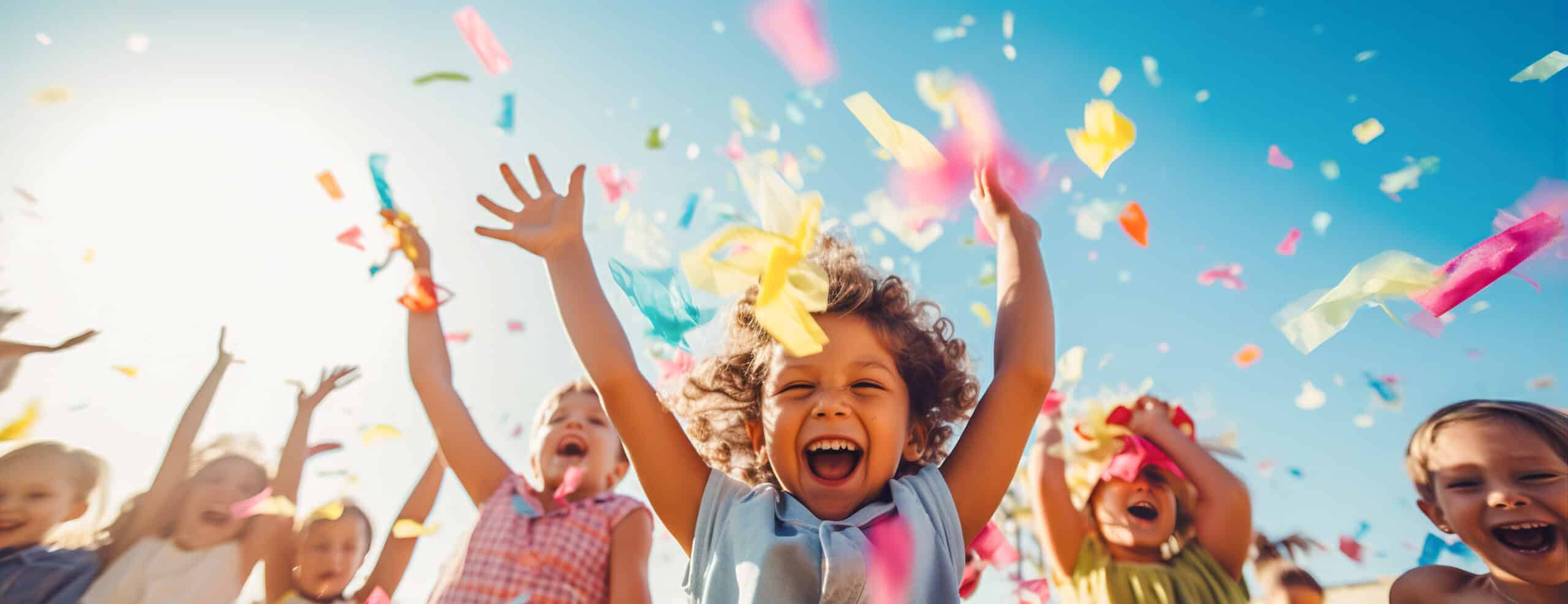Party scene of little children having fun and playing with colorful confetti outside